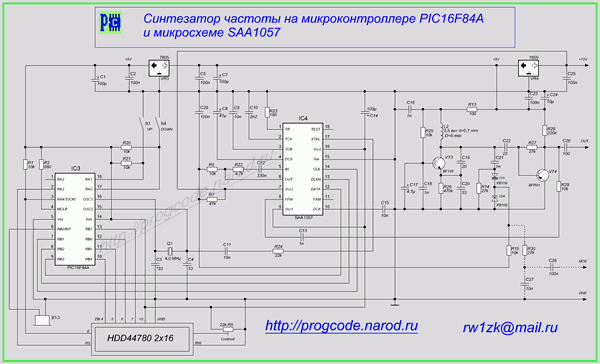 Схема синтезатора частоты на микросхеме SAA1057 и микроконтроллере PIC16F84A